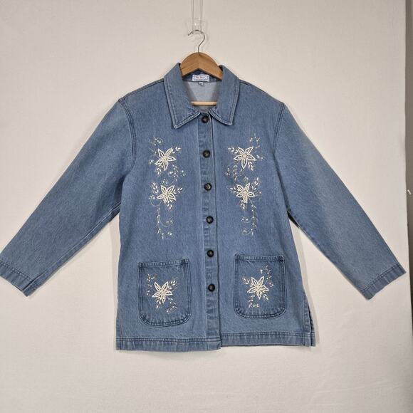 VTG Denim Jean Jacket Shacket Sz M Blue Silver Embroidery Pearls Pockets Boho - Picture 7 of 15